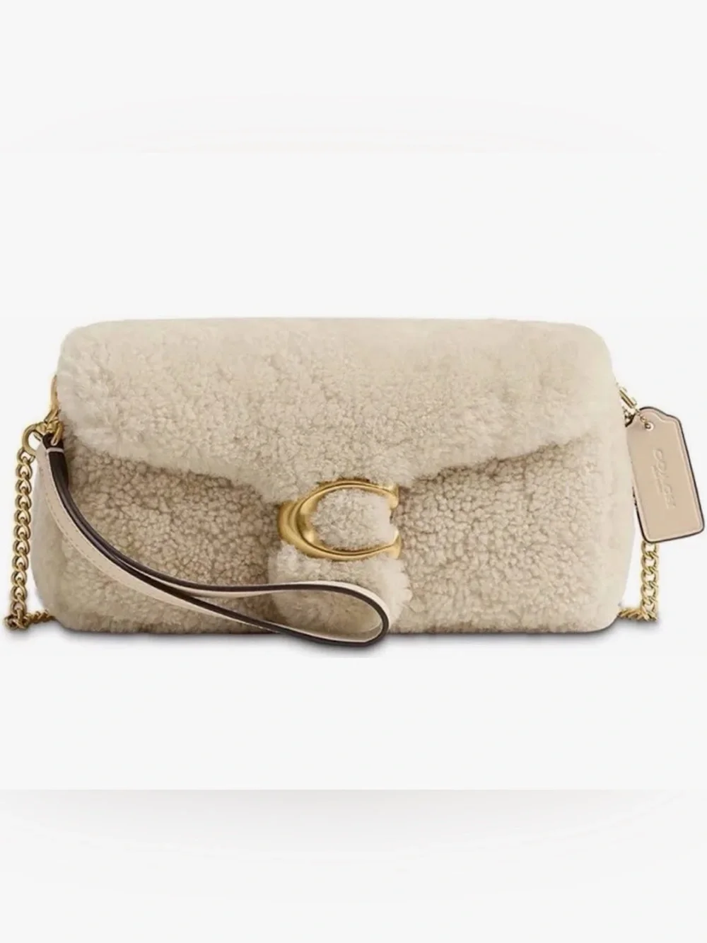 Coach Cream Shearling tabby chain crossbody 19 wristlet in shearling brass beige